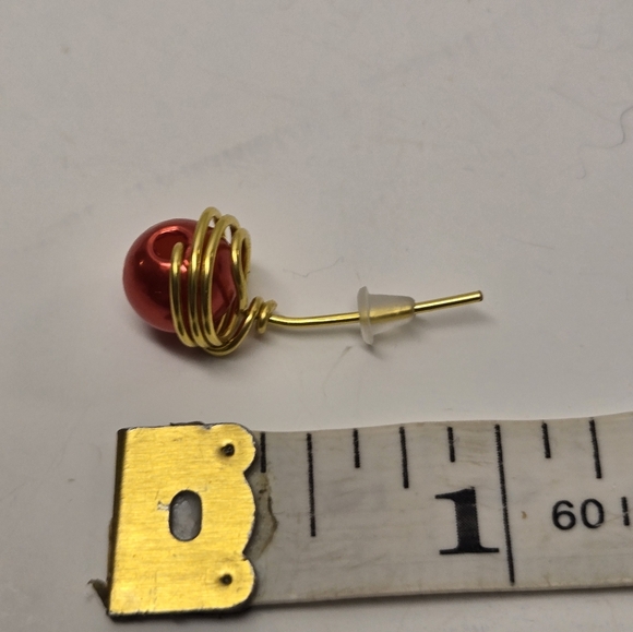 Hand Crafted Gold and Red Faux Pearl Post Earrings - Picture 5 of 10